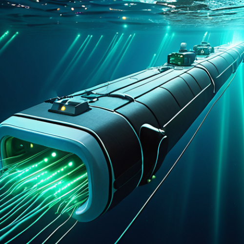Home 7 A futuristic, vibrant underwater network. Autonomous underwater vehicles (AUVs) and fixed sensors are depicted as nodes, interconnected by glowing data streams. Show both short-range, high-speed optical links (represented by blue-green light beams) and longer-range, rippling acoustic waves, emphasizing a seamless hybrid communication system. The scene is dynamic, depicting gigabytes of data flowing in real-time beneath the ocean surface, showcasing advanced, intelligent connectivity in a deep-sea environment. High detail, sci-fi aesthetic.