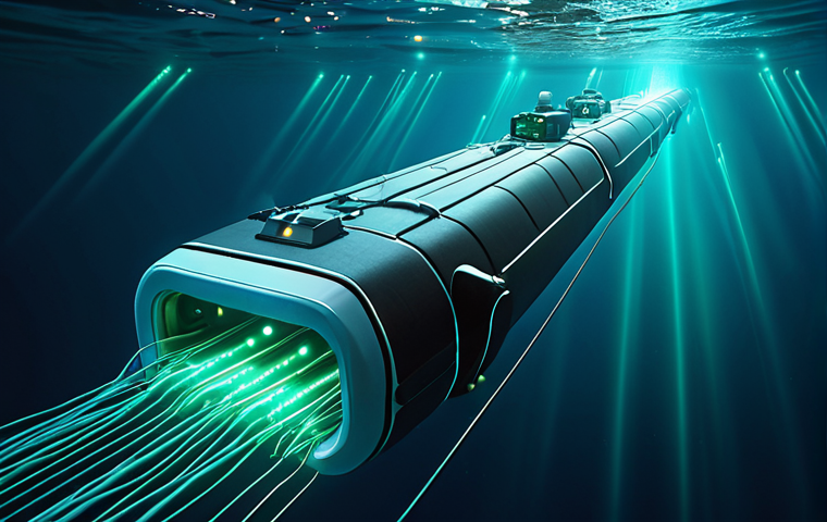 A futuristic, vibrant underwater network. Autonomous underwater vehicles (AUVs) and fixed sensors are depicted as nodes, interconnected by glowing data streams. Show both short-range, high-speed optical links (represented by blue-green light beams) and longer-range, rippling acoustic waves, emphasizing a seamless hybrid communication system. The scene is dynamic, depicting gigabytes of data flowing in real-time beneath the ocean surface, showcasing advanced, intelligent connectivity in a deep-sea environment. High detail, sci-fi aesthetic.