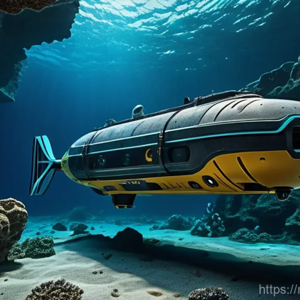 해양공학 해양 드론 연구 - "A highly detailed, cinematic shot of an advanced, sleek autonomous underwater vehicle (AUV) explori...