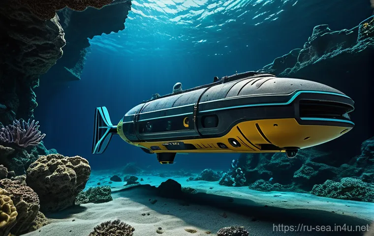 해양공학 해양 드론 연구 - "A highly detailed, cinematic shot of an advanced, sleek autonomous underwater vehicle (AUV) explori...