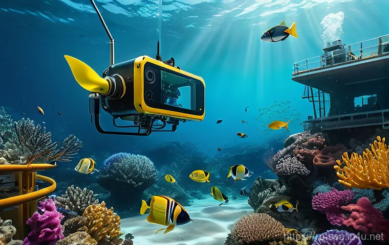 해양공학 해양 드론 연구 - "A highly detailed, cinematic shot of an advanced, sleek autonomous underwater vehicle (AUV) explori...