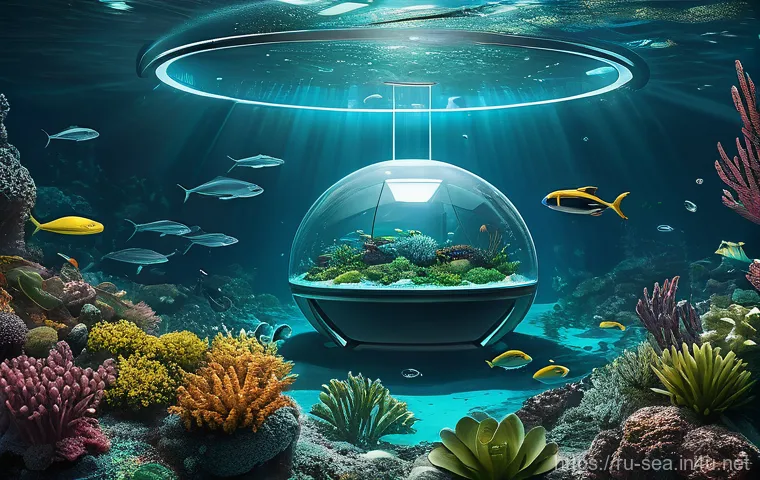 해양공학 해양 드론 연구 - "A vibrant, clear underwater scene showcasing a remotely operated vehicle (ROV) diligently inspectin...