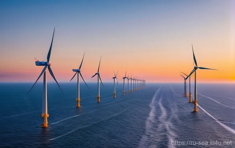 해양공학 해양토목공학 - **Offshore Wind Farm: Dawn of Renewable Power**
    A breathtaking, wide-angle shot of a colossal of...