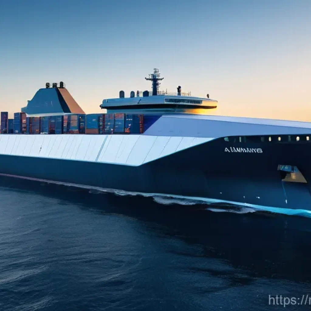 해양공학 해양 신기술 트렌드 - A stunning, futuristic autonomous cargo ship sailing smoothly on a calm, deep blue ocean under a cle...