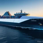 해양공학 해양 신기술 트렌드 - A stunning, futuristic autonomous cargo ship sailing smoothly on a calm, deep blue ocean under a cle...