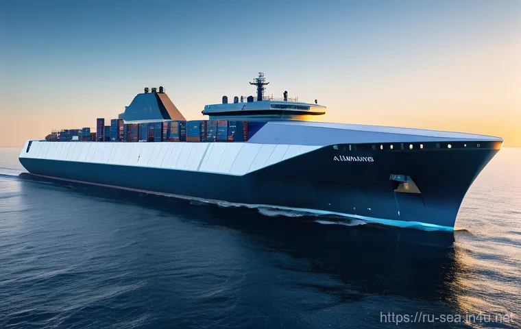 해양공학 해양 신기술 트렌드 - A stunning, futuristic autonomous cargo ship sailing smoothly on a calm, deep blue ocean under a cle...