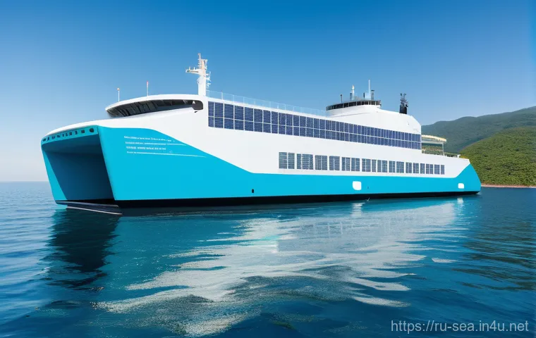 해양공학 해양 신기술 트렌드 - A stunning, futuristic autonomous cargo ship sailing smoothly on a calm, deep blue ocean under a cle... 해양공학 해양 신기술 트렌드 - A stunning, futuristic autonomous cargo ship sailing smoothly on a calm, deep blue ocean under a cle...