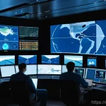 해양공학 해양 재난 관리 - A high-tech maritime control center filled with large, dynamic screens displaying real-time global w...