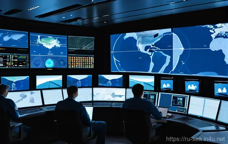 해양공학 해양 재난 관리 - A high-tech maritime control center filled with large, dynamic screens displaying real-time global w...