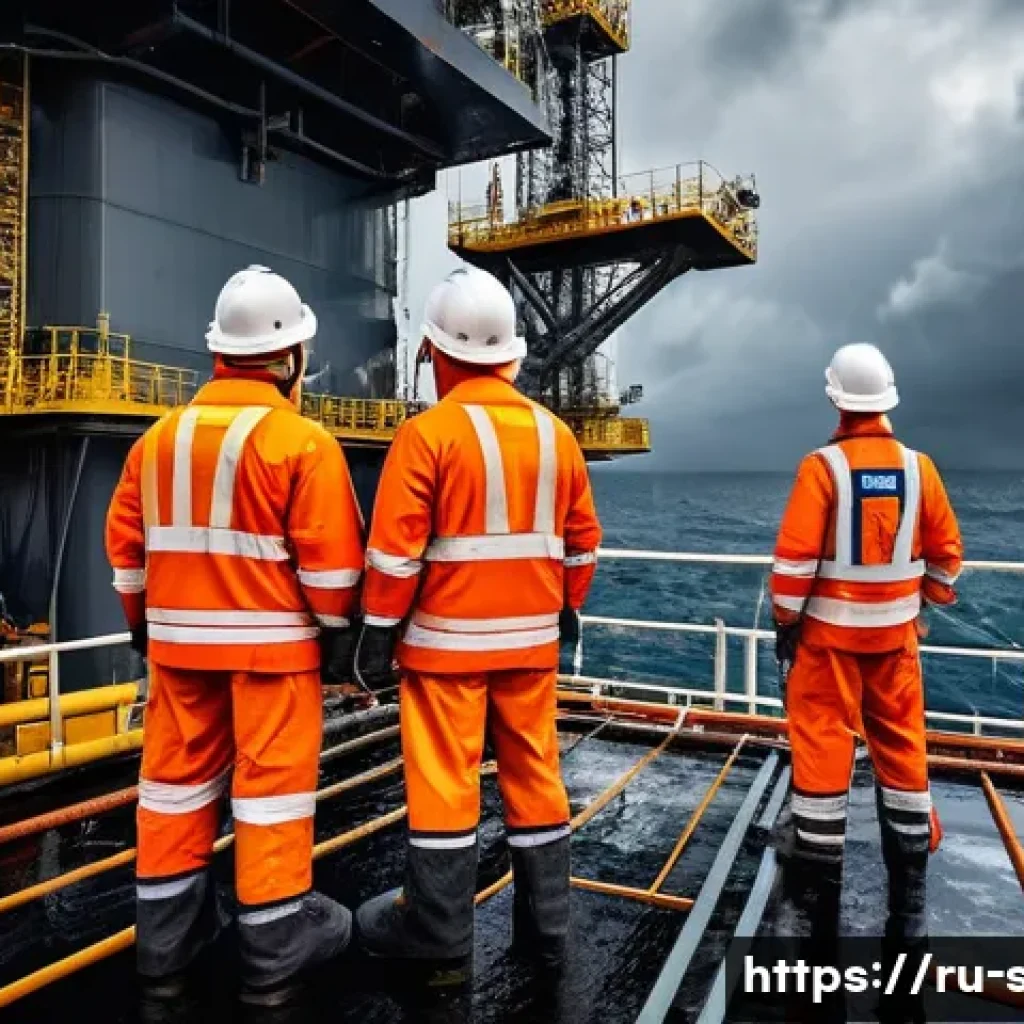 해양공학 해양학과 차이 - A highly detailed, realistic scene of a marine engineer team working on an offshore oil platform dur...