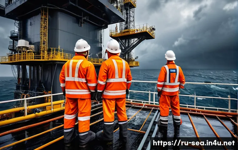 해양공학 해양학과 차이 - A highly detailed, realistic scene of a marine engineer team working on an offshore oil platform dur...