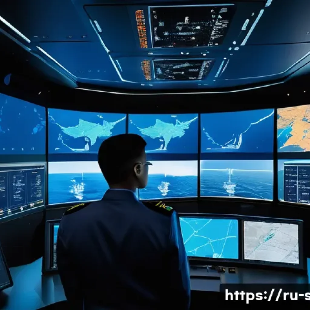 해양공학 스마트 해양기술 - A high-tech maritime control room aboard a modern cargo ship featuring large digital screens display...