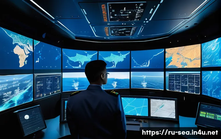 해양공학 스마트 해양기술 - A high-tech maritime control room aboard a modern cargo ship featuring large digital screens display...