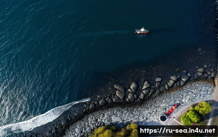 해양공학 해양 유류 오염 복구 - A high-resolution aerial view of a coastal oil spill cleanup operation featuring advanced drones equ...
