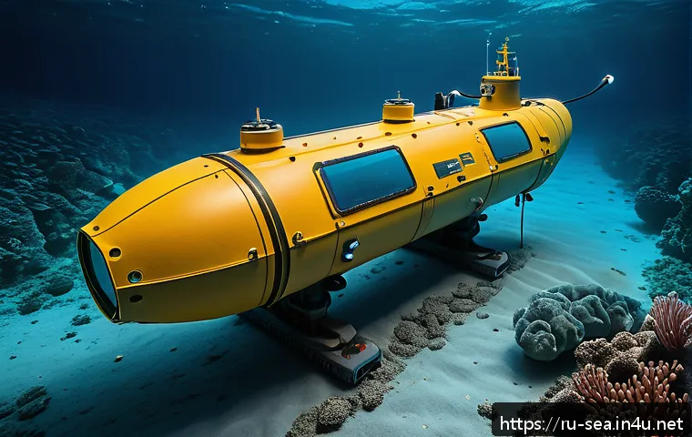 해양공학 해저 광물 탐사 - A highly detailed underwater scene showcasing an autonomous underwater vehicle (AUV) navigating the ...