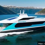 Home 23 해양공학 해양 탄소중립 기술 - A futuristic electric ferry navigating coastal waters of Scandinavia, featuring sleek hybrid diesel-...