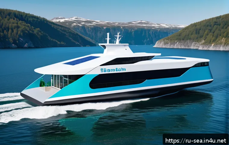 해양공학 해양 탄소중립 기술 - A futuristic electric ferry navigating coastal waters of Scandinavia, featuring sleek hybrid diesel-...