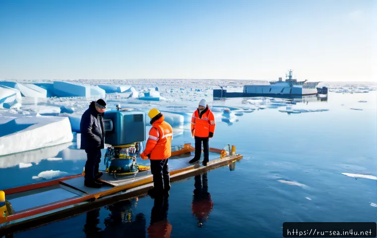 Home 17 해양공학 해양 신기술 특허 - Photorealistic marine engineering innovation scene at a Russian Arctic coastal test facility, a team...