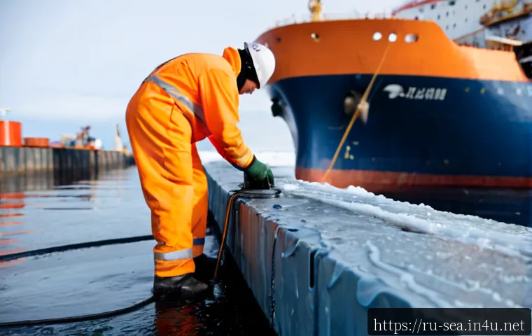 Home 17 해양공학 해양 방수 재료 - Photorealistic close-up of a marine engineer in orange safety coveralls and helmet inspecting freshl...