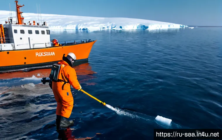 Home 17 해양공학 해양 드론 기술 - Photorealistic marine engineering scene in the Russian Arctic, a compact autonomous ocean drone with...